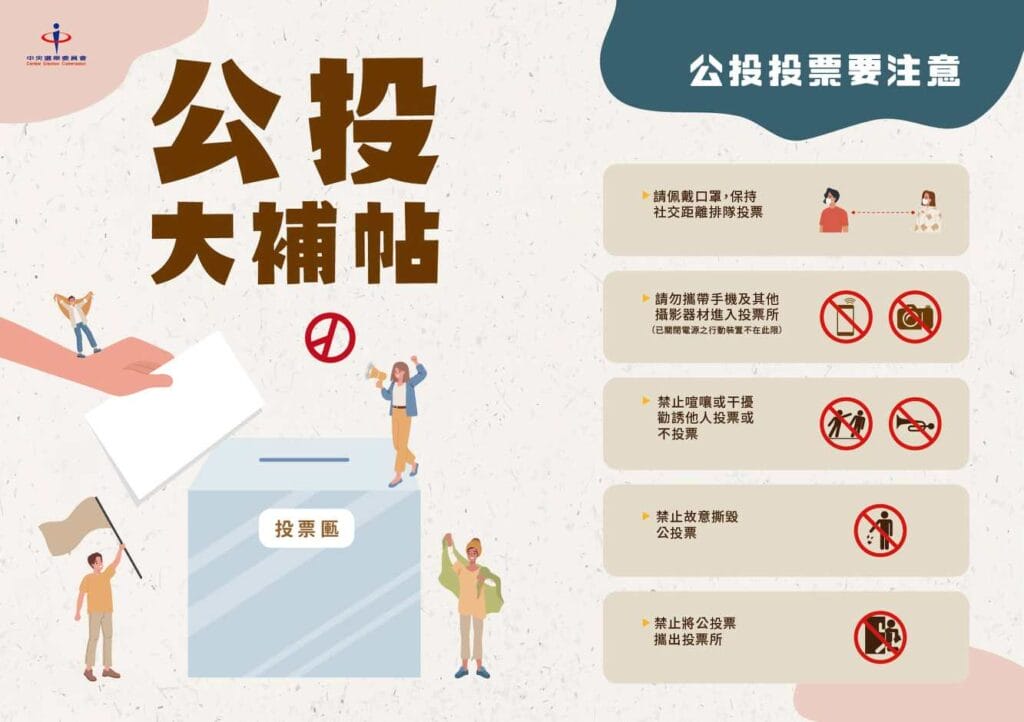 投票時切勿喧鬧、禁帶手機相機、禁止故意撕毀公投票、戴好口罩 (圖/中央選舉委員會)