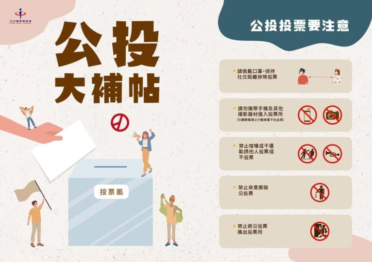 投票時切勿喧鬧、禁帶手機相機、禁止故意撕毀公投票、戴好口罩 (圖/中央選舉委員會)